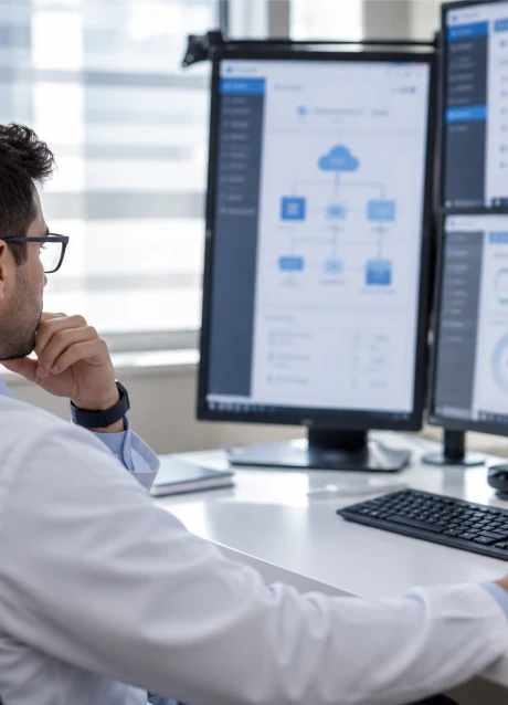 Healthcare professional reviewing data dashboards on multiple monitors