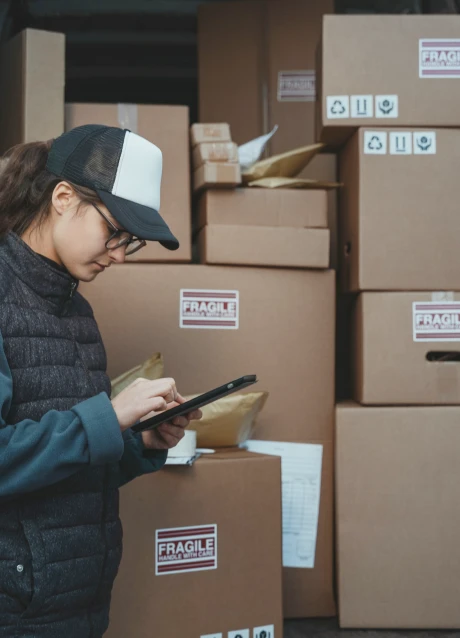Warehouse worker reviewing shipment information on a tablet among packaged goods